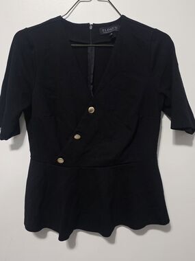 Eloquii Black Wrap Peplum Top with Gold Buttons